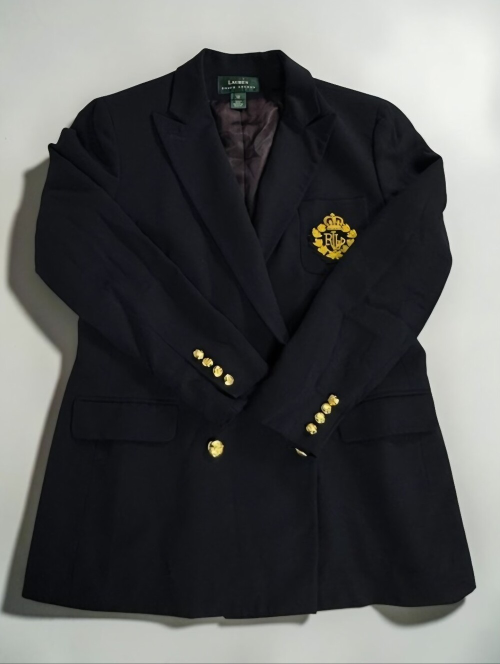Vintage 90s Lauren Ralph Lauren Navy Wool Crest Blazer Gold Buttons 12 Preppy